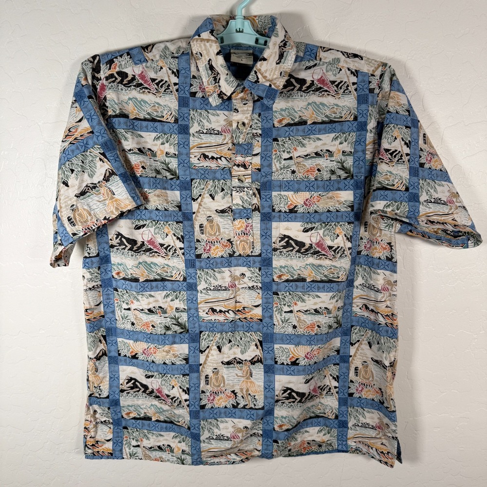 Go Barefoot Shirt Mens Large Blue Hawaiian Popover‎ Camp Island Tropical Tribe